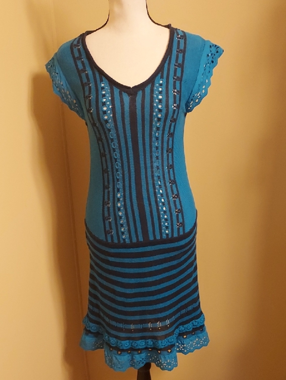 Nanette Lepore Teal and Black Pointelle Knit Dress